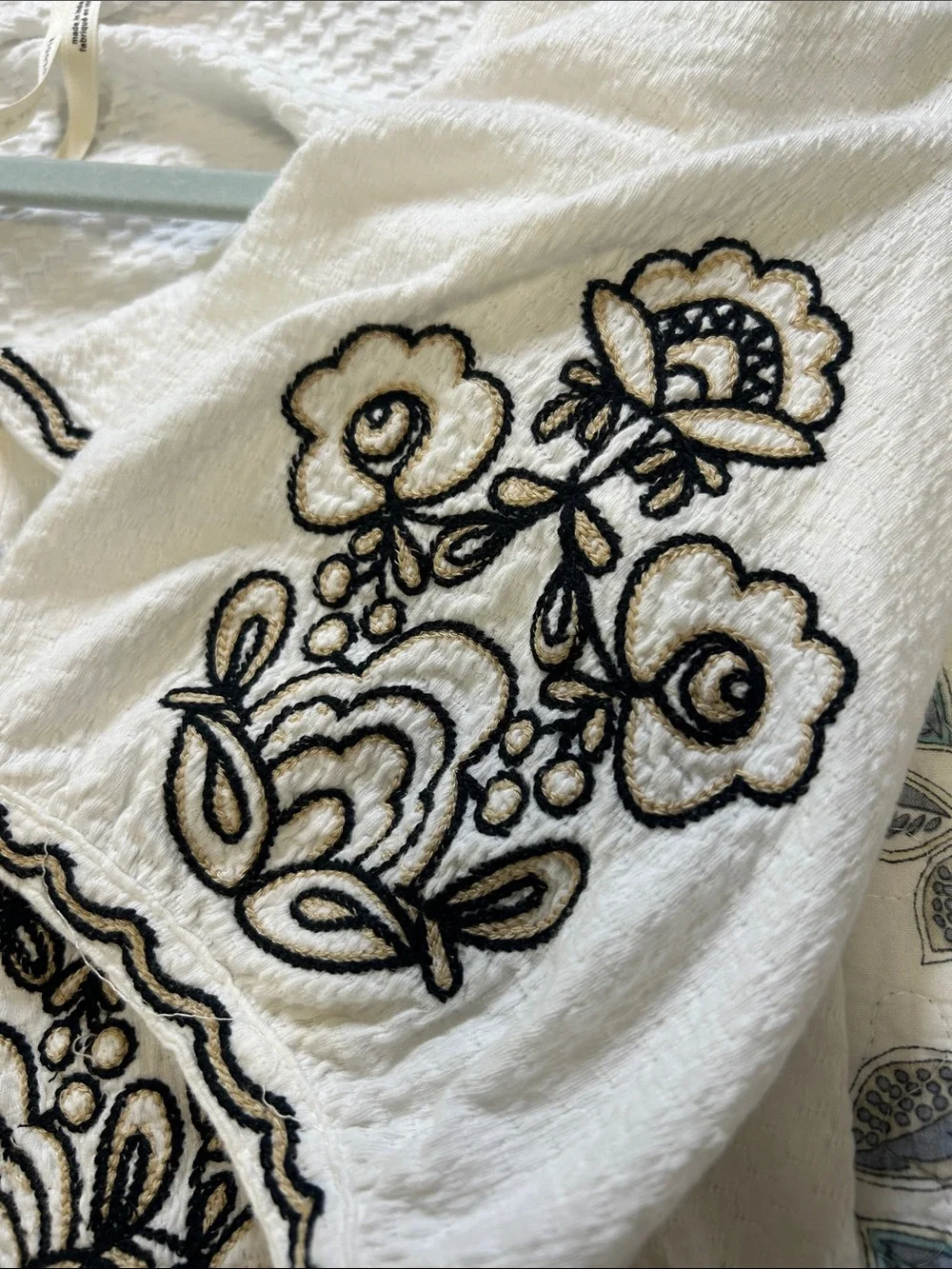 Anthropologie White Blouse with Black Embroidery